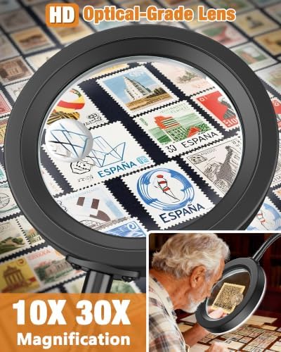 30X 10X Magnifying Glass with Light and Stand, 5 Color Modes Stepless Dimmable, Optical Grade HD Lens, LED Lighted Magnifier Hands Free with 20.5in Flexible Gooseneck for Close Work - Black