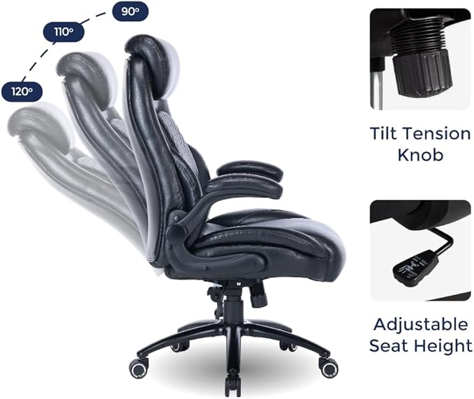 Q-Seat Office Chair with 5-Level Lumbar Adjustment | Recline & Relax Function | Heavy Duty Ergonomic Desk High Back Executive Chair | Flip-up Armrest | Adjustable Headrest | Leather Black