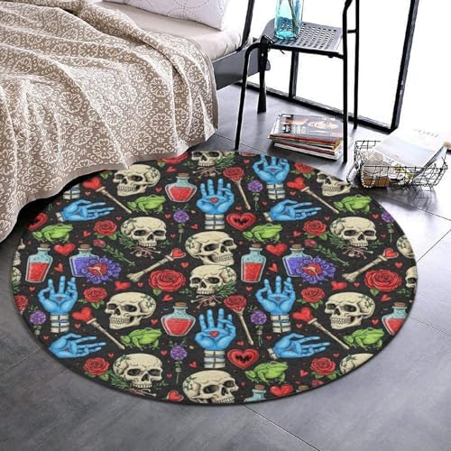 Fashion Round Area Rug Large Non Slip Carpet, Halloween Goth Skull Mushroom Vampire Magic Witch Witchcraft Unisex Home Decor Mat, 60inch