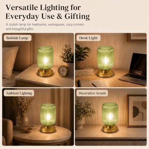 Cordless Glass Table Lamp, 3 Color Modes & Stepless Dimming, Green