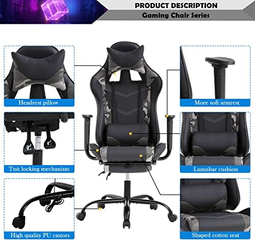 Camo Massage Gaming Chair with Footrest, PU Leather Gaming Chairs for Adults, High Back Office Chair Ergonomic Desk Chair Computer Chair, Reclining Gamer Chair, Height & Backrest Adjustable, 300 Lbs
