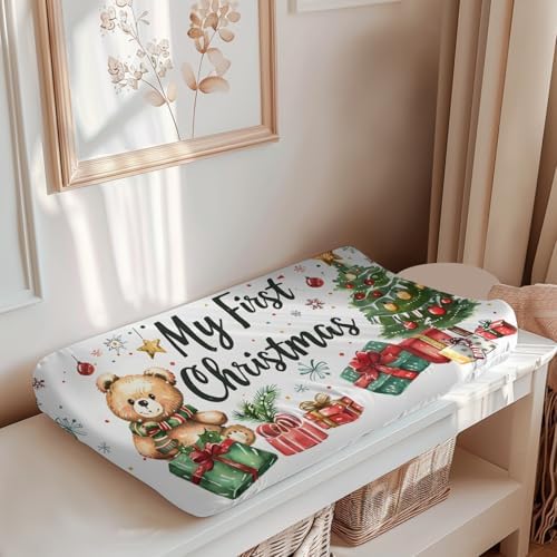 Cute Christmas Bear Trees Winter Holiday Pattern Baby Changing Pad Cover, Unisex Christmas Nursery Diaper Changing Table Pad Mat Sheet for Boys Girls-16x32