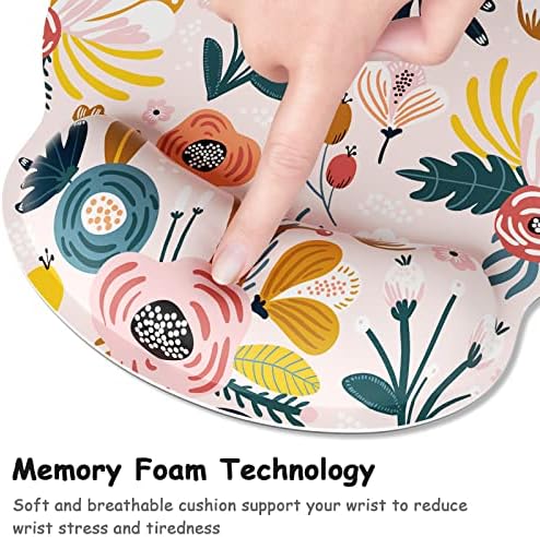 Ergonomic Mouse Pad with Wrist Support, Floral Memory Foam Wrist Rest Mouse Pads, Cute Computer Laptop Office Accessories Decor, Pain Relief Mousepad for Gaming Work Women Girls, Pink Flower