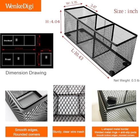 2-Pack Metal Mesh Pencil Holder, Spacious 3-Compartment Desk Organizer for Pens, Makeup Brushes, Utensils, Desktop Storage for Home, Office, School, Kitchen, 10.43x3.35x4.04 Inch, Black