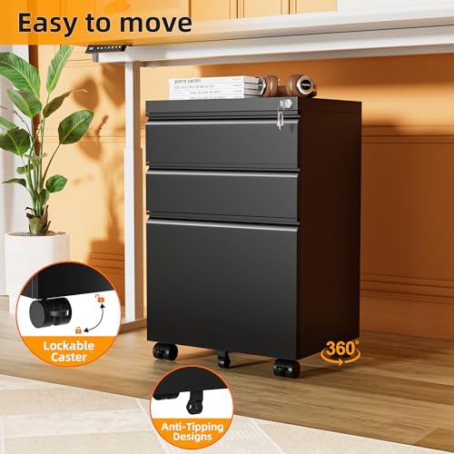INTERGREAT 3 Drawer File Cabinet, Metal Filling Cabinets with Lock, Locking Office Mobile Cabinet with Wheels for Legal/Letter Size, Under Desk, Assembled Required, Black