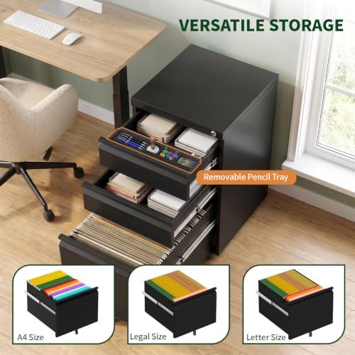 3 Drawer Metal File Cabinet with Lock & Rolling Casters