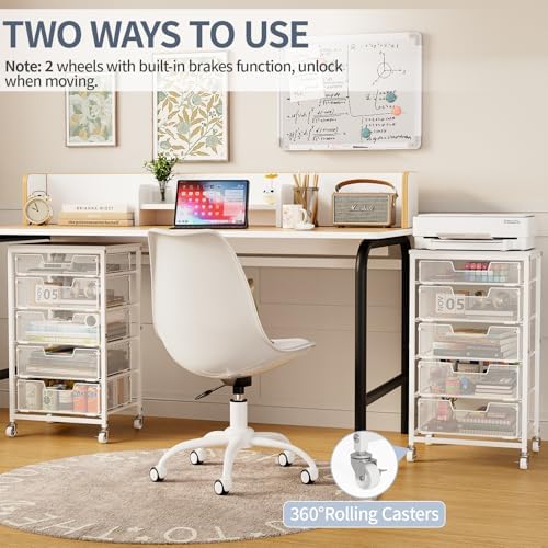 Sbanmao 5 Drawer Mobile File Cabinet, Under Desk Mobile Filing Cabinet with Wheels, Vertical Metal Filing Chest Rolling Small Desk Printer Stand Storage Organization for Home Office, White