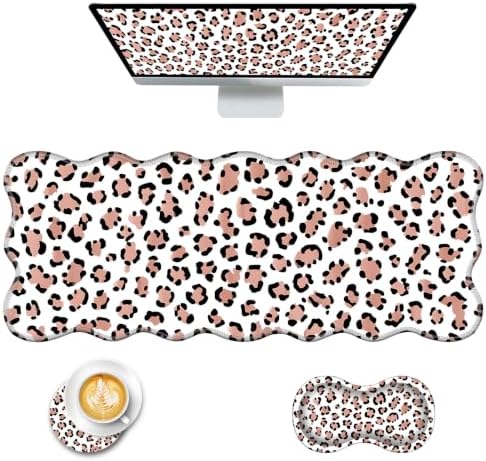 Mouse Pad with Wrist Support + Desk Mat + Coaster 3 in 1 Set, XL Large Gaming Mousepad Ergonomic Mouse Pads for Desk Computer Laptop Office,Leopard Print