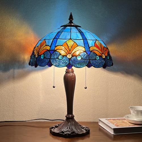 Tiffany Table Lamp 16" Blue Large Stained Glass Desk Reading Light