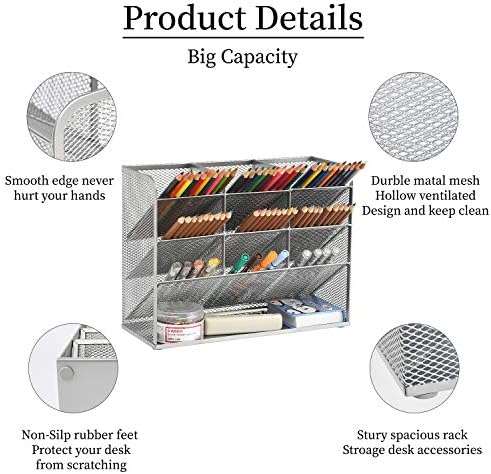 Marbrasse Mesh Desk Organizer, Multi-Functional Pen Holder, Desktop Stationary Organizer, Storage Rack for School, Home, Office, Art Supplies (Mesh Pen Holder-Silver)