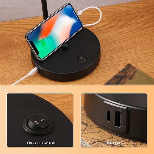 Anxingtools LED Desk Lamp with Dual USB Charging Ports, 100% Metal, 270° Swivel Arms, Soft White Light (3000K), Bedside Reading Lamp, Home Office Lamp (Black)