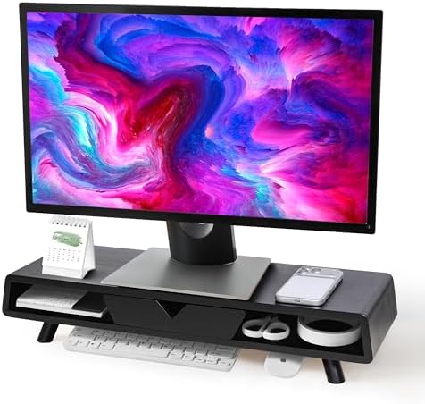 Homerays Monitor Stand with Drawer, Exquisite Computer Monitor Stand for Desk, Ergonomic Wood Monitor Stand Riser for Computer,Laptop,Printer,TV,Bamboo,Black