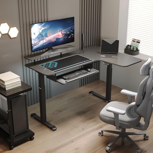 EUREKA ERGONOMIC 55 Inch L Shaped Electric Standing Desk, Height Adjustable Computer Gaming Desk with Keyboard Tray, Mouse Pad, Home Office Work,Carbon Fiber Black, Right Side