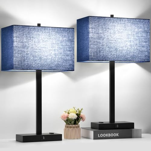 Lynnoland 21" Set of 2 Bedside lamp with USB A+C & AC Outlets, Touch Control 3-Way Dimmable Nightstand Lamps for Bedroom Living Room Office Reading, Blue Shade Touch Lamps, 5000K LED Bulbs Included