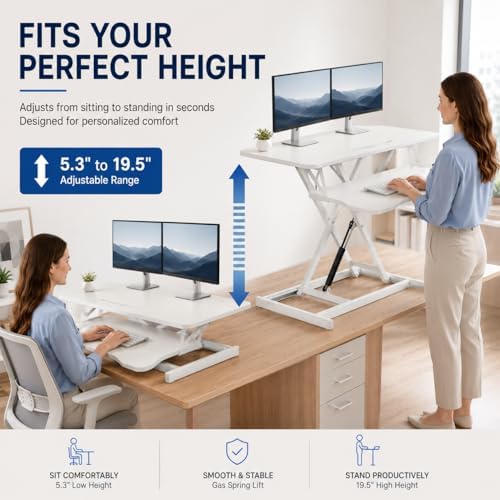 32 Inch Desk Converter, Height Adjustable Stand Up Dual Monitor and Laptop Workstation, Desk Riser for Standing with Wide Keyboard Tray, Standing Desk Topper with Spring Loaded Lift (White)