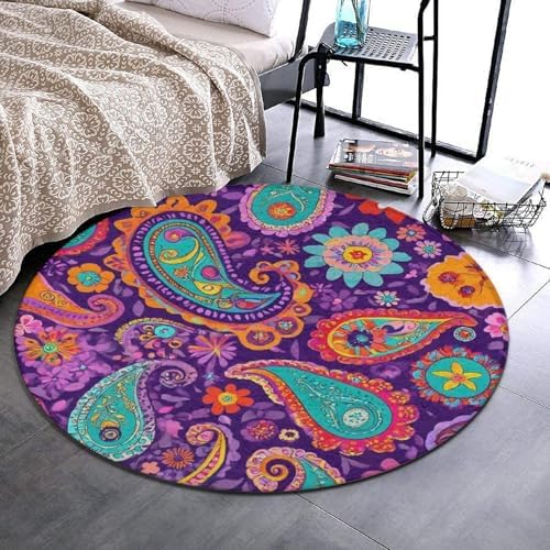 Large Home Decor Mat, Soft Round Yoga Carpet, Non Slip Machine Washable Kitchen Office Circle Rug Colorful Bohemian Flower Boho Floral Paisley