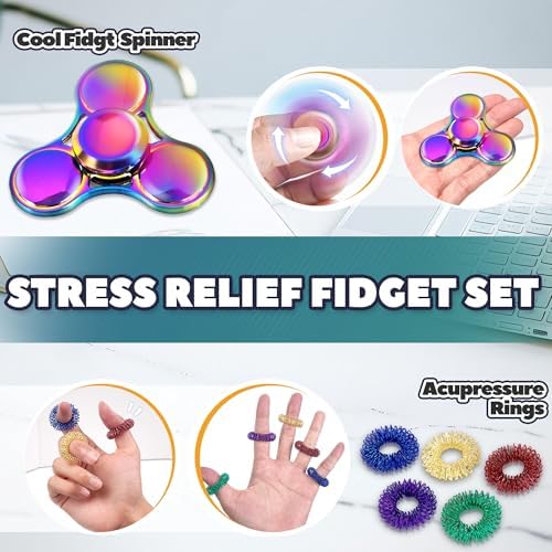 8Pcs Fidget Toys Adults Fidgets Spinner Autism Sensory Pack Spiky Sensory Rings for Anxiety Metal Bike Chain Roller Cool Gadgets for Teen Boys ADHD Silent Stress Relief Office Desk Toy Adults Gift