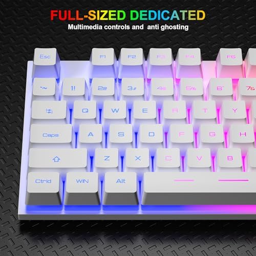 BlueFinger RGB Gaming Keyboard and Backlit Mouse Combo, USB Wired, LED Gaming Set for Laptop PC Computer Game and Work(White)