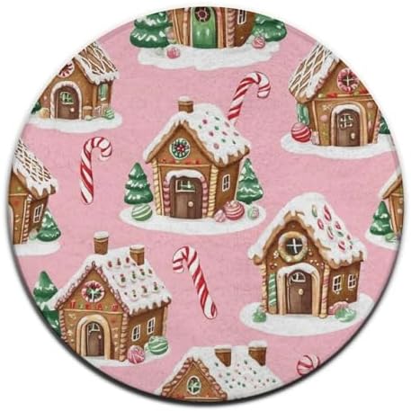 Large Home Decor Mat, Soft Round Yoga Carpet, Non Slip Machine Washable Home Office Circle Rug Pink Xmas Gingerbread House Christmas