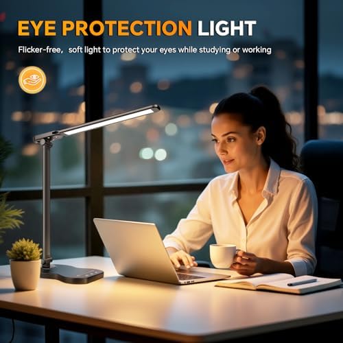 LED Desk Lamp for Dorm, Desk Light with USB Charging Port, Black
