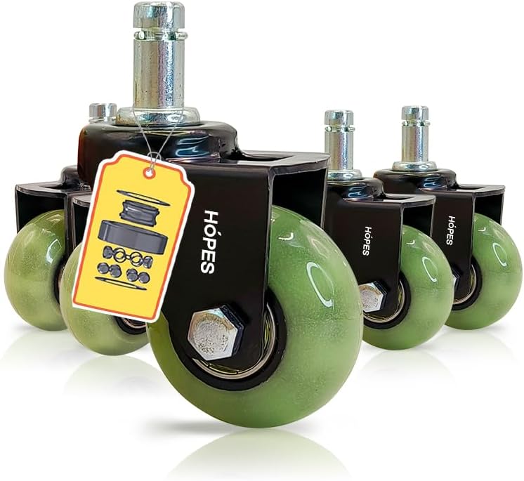 HOPES Office Chair Wheels Replacement Set of 5 – Heavy Duty Rubber Casters, Smooth & Quiet Rolling for Hardwood Floors and Carpet, Universal Stem, No Floor Mat Needed (Glow Green, 2inch-660lbs)