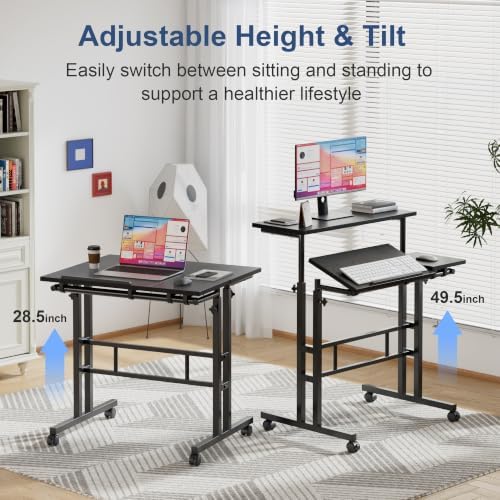 VECELO Mobile Small Standing Desk Adjustable Height, Computer Workstations with Tiltable Tabletop, Lockable Wheels, Portable Rolling Laptop Desk for Home Office, Black