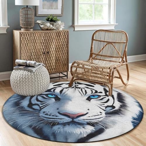 Large Home Decor Mat, Soft Round Yoga Carpet, Non Slip Machine Washable Home Office Circle Rug White Tiger Moon Starry Sky