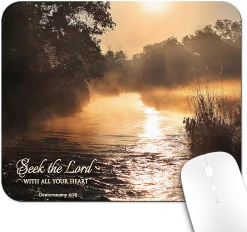 9.5x7.9 Inch Office/Gaming Mouse Pad, Seek The Lord with All Your Heart Christian Bible Verse Scripture Quote, Misty River Landscape at Sunrise Cute Anti-Slip Mat for Desk