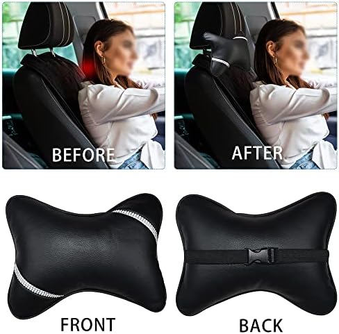 2 Pack Car Headrest Pillow Diamond Dual-Side PU Leather Neck Pillows, Cushion Head Rest Neck for Women fit Most Cars Universal Relax Crystal Rhinestone Neck Support Pillow for Car, Home & Office