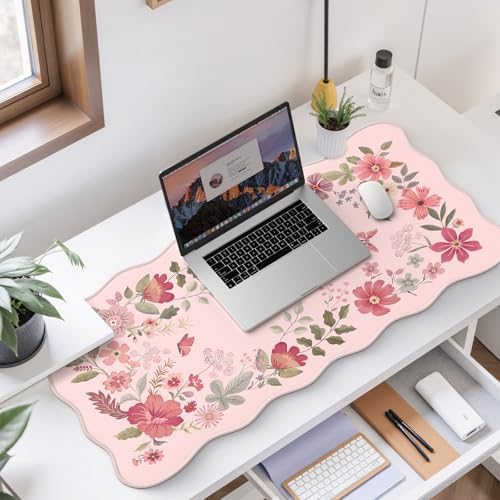 HAOCOO Floral Desktop Mat with Scalloped Edge, XL Computer Pad(Hot Pink)