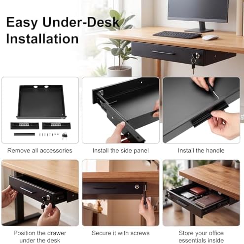 Menkxi 16'' x 12'' Under Desk Drawer Slide Out Storage Organizer, Lockable Metal Desk Drawer for Laptop and Office Accessories, Large Hidden Under Table Storage Box with Cable Management, Black