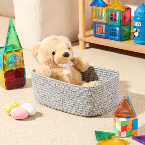 MiniArk Small Storage Baskets for Organizing | Closet Organizer Bins | Shelf Toy Basket | Woven Rope Baskets | Cube Decorative Box | Shallow Basket | 11.5x7.5x4.7” | 3 Packs Mixed Grey