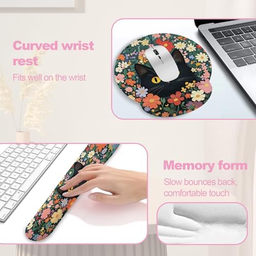 Cute Black Cat Flower Mouse Pad with Wrist Rest Set, 3-in-1 Wrist Support Mousepad Set, Gaming Mat Pad with Anti-Skid Base,Ergonomic Memory Foam Mouse Pad Set for Women, Office, Typing, Gaming