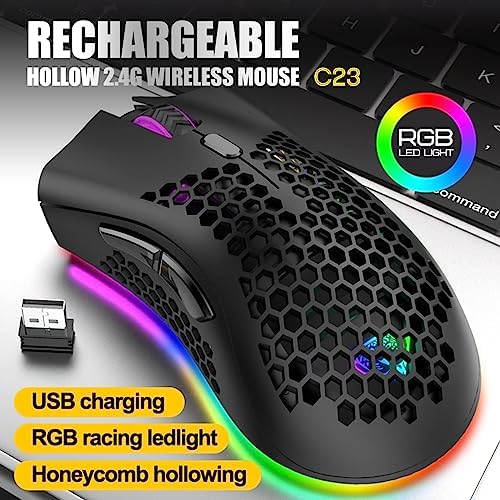 VEGCOO Wireless Gaming Mouse, C23 Silent Click Wireless Rechargeable Mouse with Colorful LED Lights and 3 Level DPI 400mah Lithium Battery for Laptop and Computer (Black)