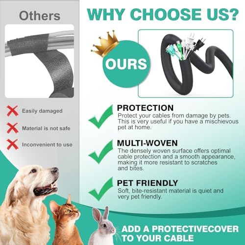 UOMTFAI Dog and Cat Cord Protector 10ft - 3/8inch, Flexible Cable Sleeve for Easy Cord Management, Protects Cables from Pets Chewing, Ideal for USB, Power, Audio and Video Cords - Black