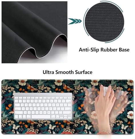 AIMSA XXL Large Gaming Mouse Pad Set with Wrist Rest, Retro Floral Butterfly Pattern, Multicolor, Fabric, Memory Foam, 4 in 1 Combo, Ultra-smooth, Non-slip, Stitched Edges