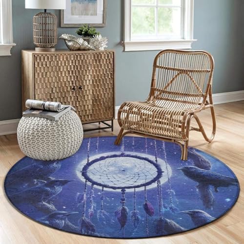 Machine Washable Modern Round Area Rug, Room Sofa Yoga Soft Round Carpet, Home Decor Non Slip Kitchen Office Circle Rug Dream Catchers and Raven, 24inch