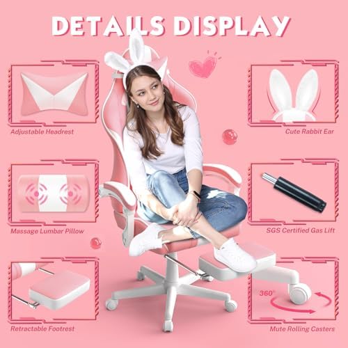 Ferghana Kawaii Pink Gaming Chair with Bunny Ears, Ergonomic Cute Gamer Chair with Footrest and Massage, Racing Reclining Leather Office Computer Game Chair 250lbs for Girls Adults Teens Kids