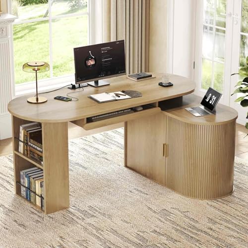 HSH L Shaped Office Corner Desk with Storage Cabinet for Home Oak 60 Inch