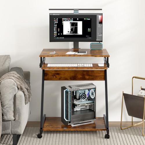 soges Movable Desk for Computer, Small Double-Layer Workstation, Computer Desk Cart, with Universal Lockable Wheels and Keyboard Tray, Vintage Brown