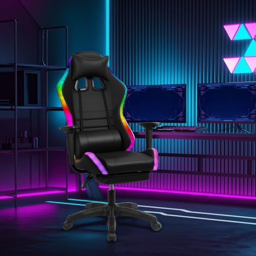 Gaming Chair with Bluetooth Speakers & Light, Ergonomic High-Back Office Chair with Adjustable Armrest, 360° Swivel & Recline, Faux Leather Racing Style Desk Chair for Gaming