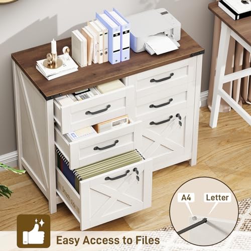 Halitaa Farmhouse Lateral File Cabinet with 6 Drawers, Rustic White