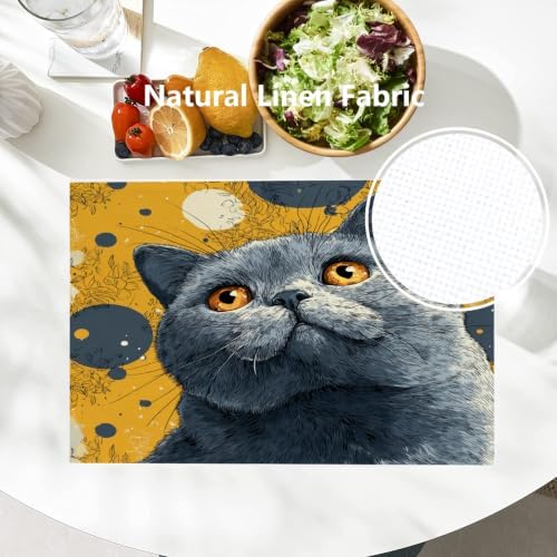 Batmerry Cute Cat Placemats, Gray Yellow Background Big Eyes Washable Linen Table Mats for Kitchen Table Double Insulation Decor Dining Set Indoor Outdoor 12X18 in Set of 6