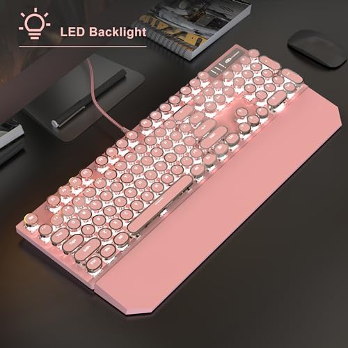 Typewriter Mechanical Gaming Keyboard and Mouse Combo, Retro Punk Round Keycaps RGB Rainbow Backlit Wired Keyboard for Game and Office, for Windows Laptop PC, Red Switches(Pink)