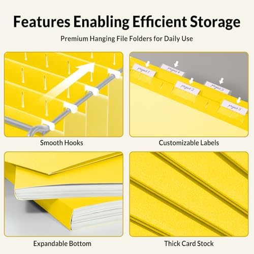 SUNEE Hanging File Folders, 25 Pack Letter Size Hanging File Folders with 1/5-Cut Tabs, Ideal for Home and Office Organization and Papers Classification,Yellow
