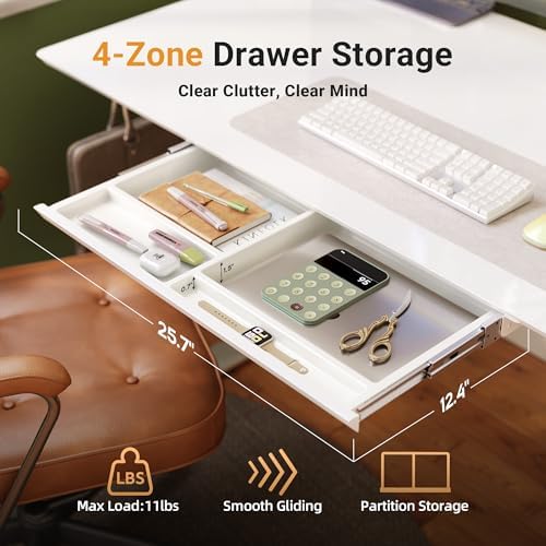 YDN Glass Standing Desk with Drawers 55x24 Inch Super White