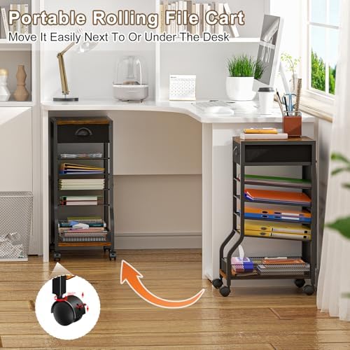 keomaisyto 6-Tier Rolling File Cart with Drawer, Under Desk Storage with Paper Letter Sliding Trays, Standing File Organizer with Wheels, Slim Workspace Organizers for Office/Home/School/Study