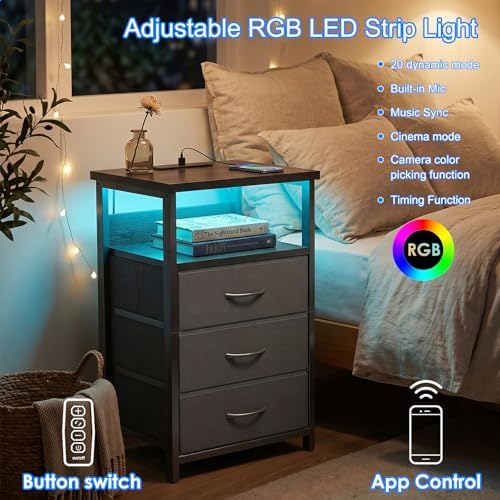 Fixwal Night Stand with 3 Drawers, Black Nightstand with Charging Station