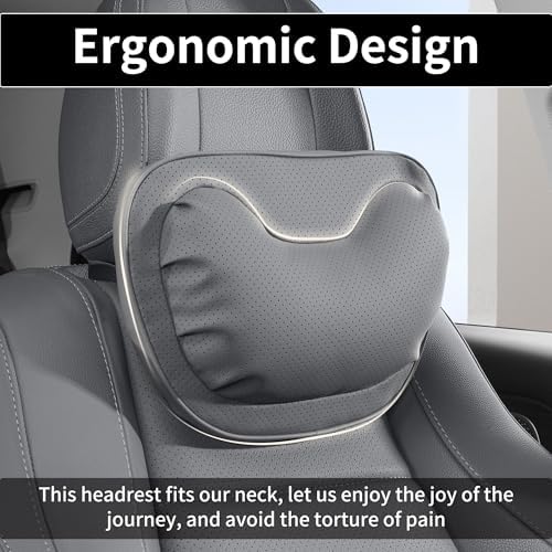 Car Neck Pillow [No More Pressure] Soft Comfortable Premium Leather Headrest with Adjustable Strap – Ergonomic Support for Driving, Office & Gaming, Gray, 1 Pack