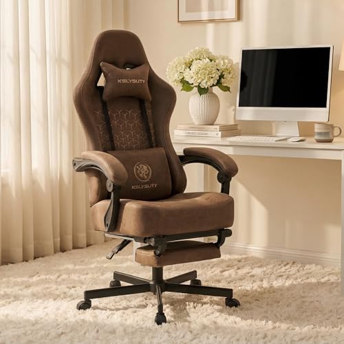 Office Chair for Home Office, Ergonomic Wide Seat Desk Chair with Pocket Spring Cushion, Breathable Leather Gaming Chair with Adjustable Headrest and Retractable Footrest，Brown